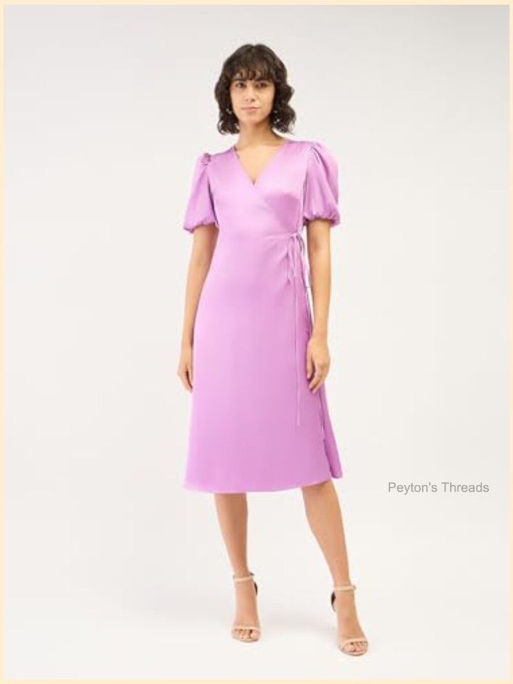 Midi Length Wrap Dress – Satin V-Neck Fit & Flare Balloon Sleeves - Picture 4 of 7